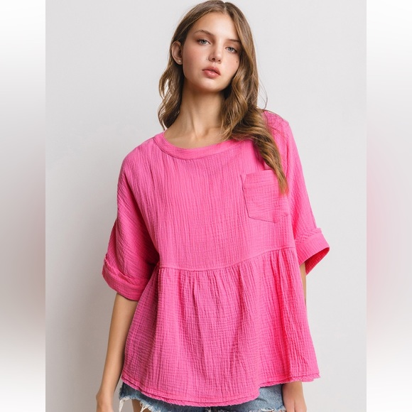 41 Boho Oversized Gauze Short Sleeve Top - Picture 1 of 6